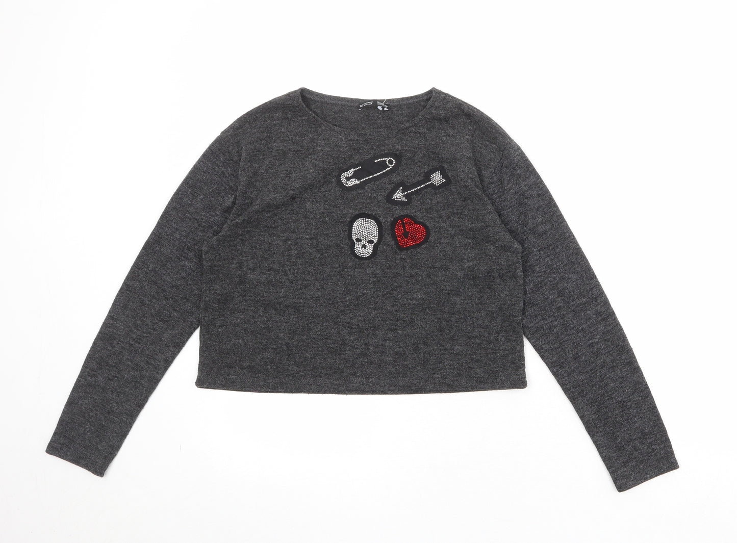 Zara Womens Grey Round Neck Acrylic Pullover Jumper Size M - Badge Detail