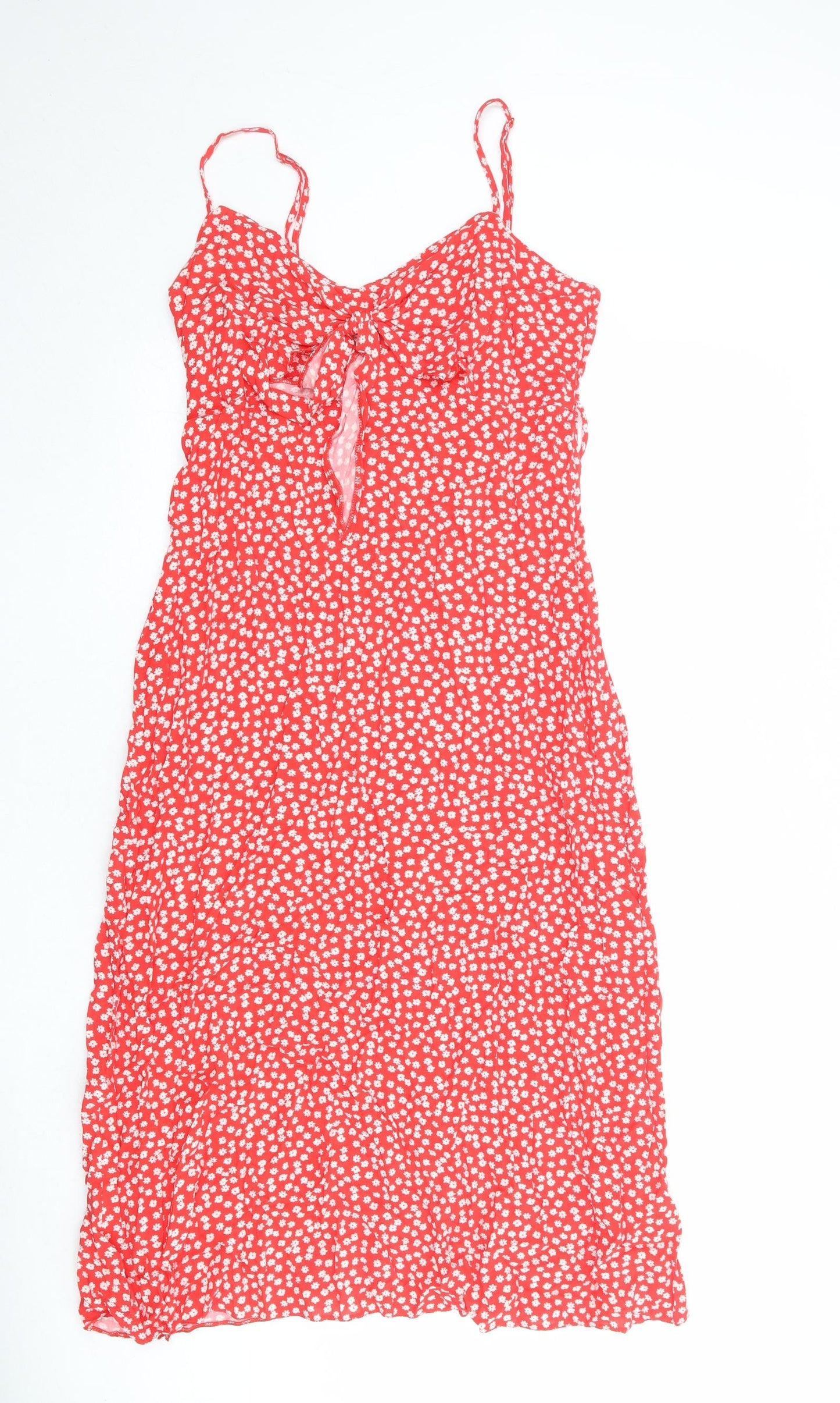 New Look Womens Red Floral Viscose Slip Dress Size 14 V-Neck Pullover