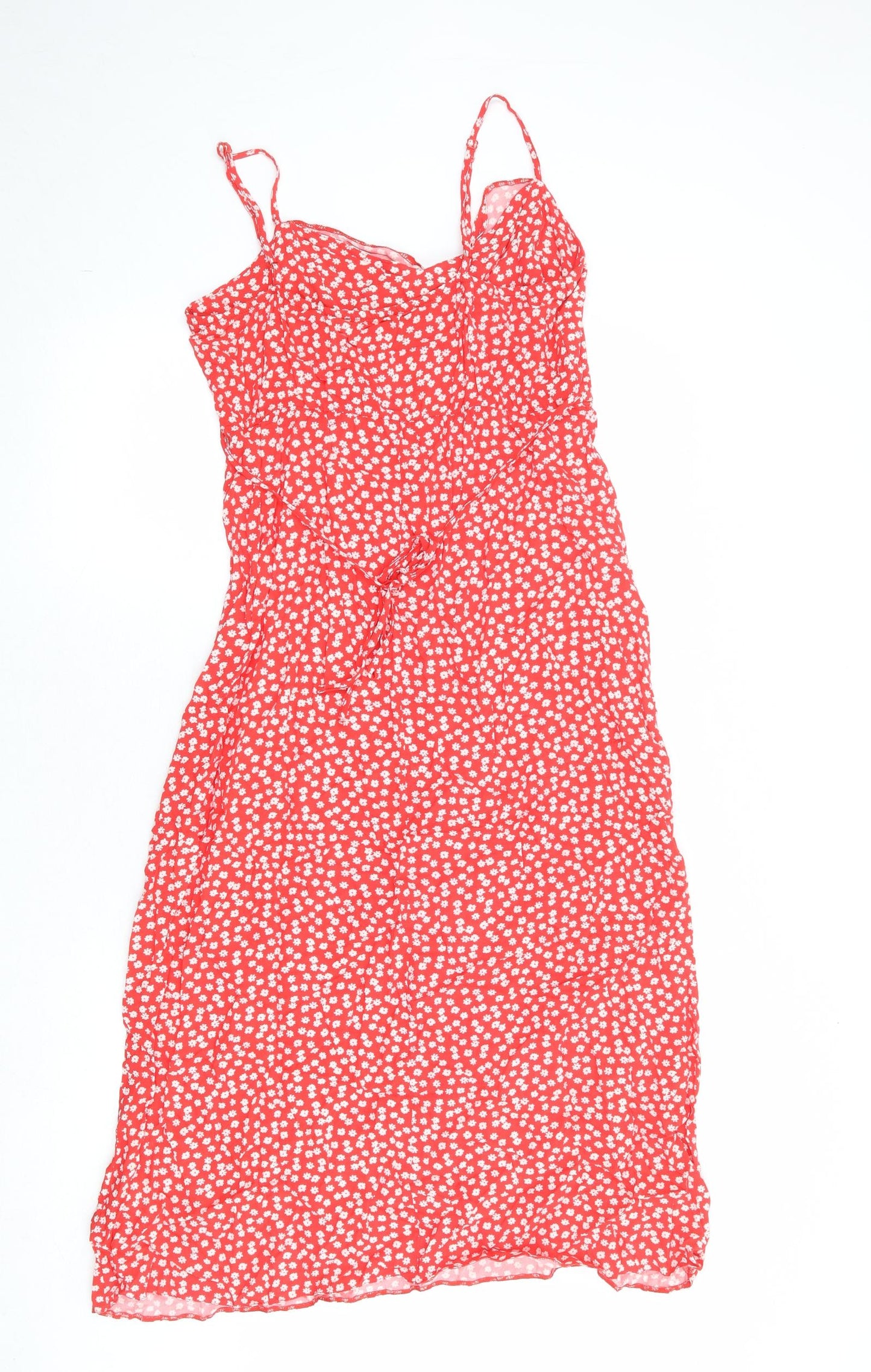 New Look Womens Red Floral Viscose Slip Dress Size 14 V-Neck Pullover