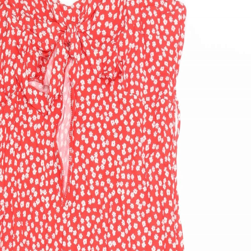 New Look Womens Red Floral Viscose Slip Dress Size 14 V-Neck Pullover
