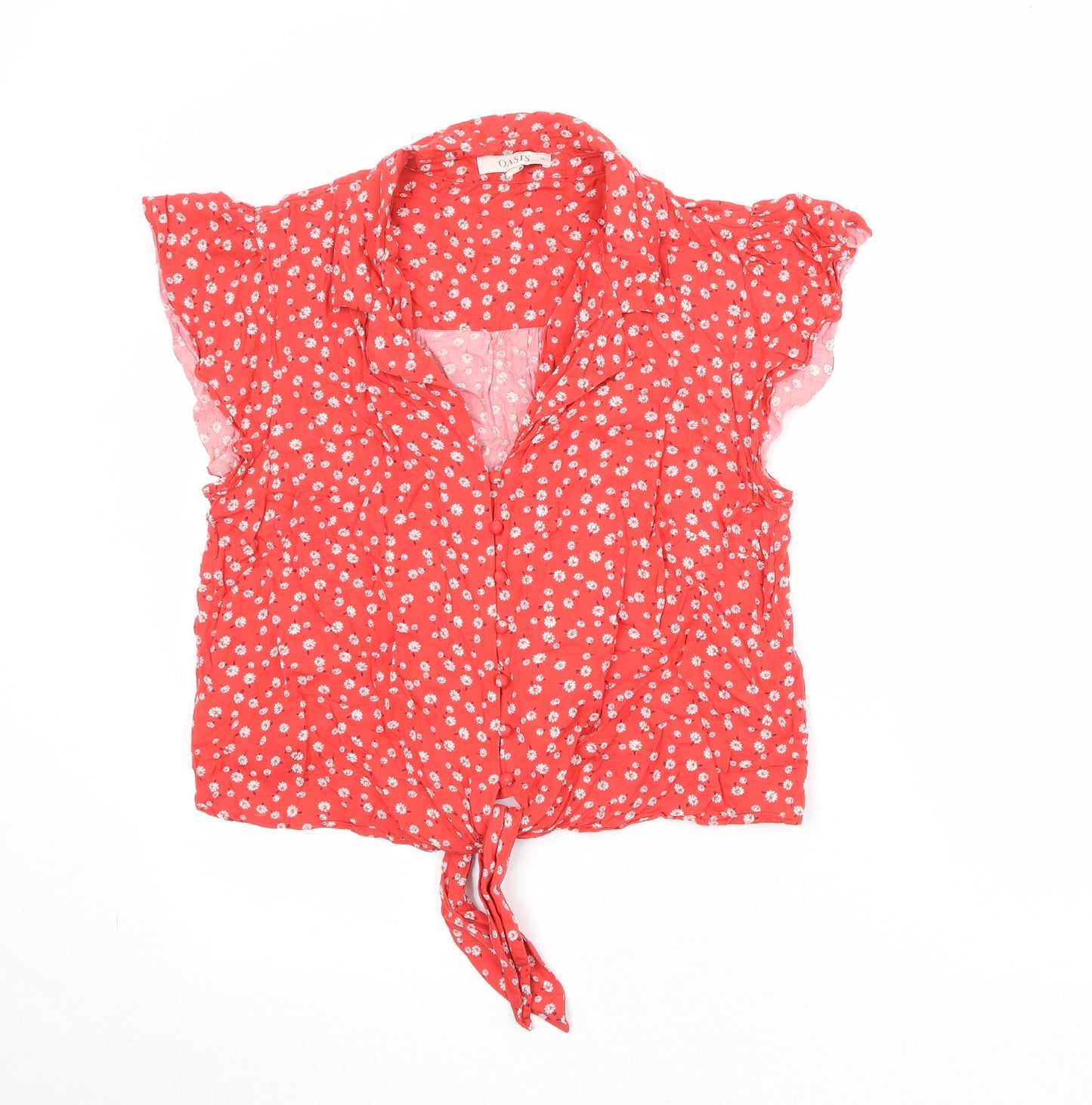 Oasis Womens Red Floral Viscose Basic Button-Up Size 16 Collared - Knot Front