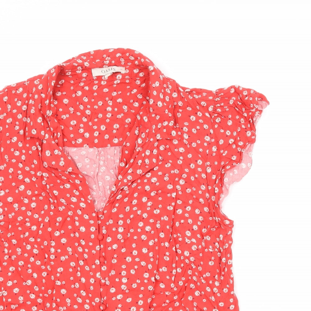 Oasis Womens Red Floral Viscose Basic Button-Up Size 16 Collared - Knot Front