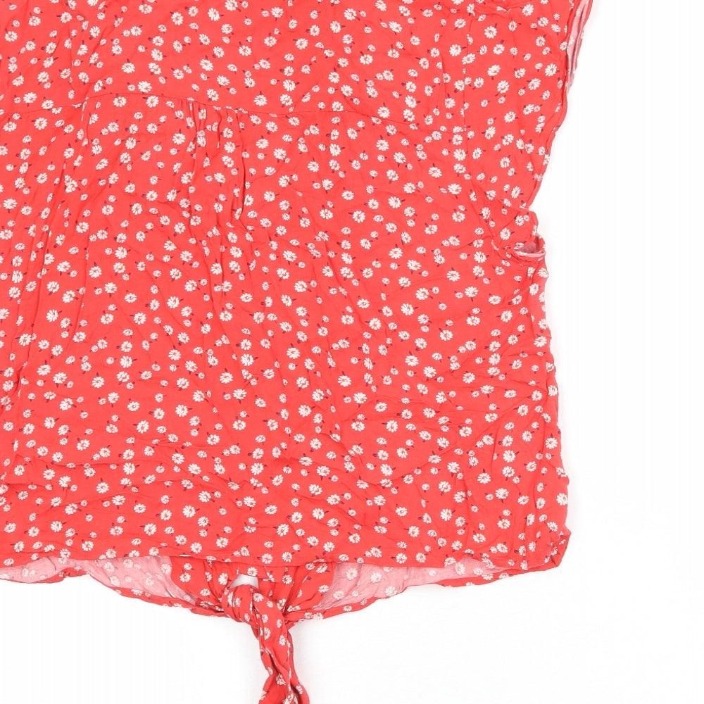 Oasis Womens Red Floral Viscose Basic Button-Up Size 16 Collared - Knot Front