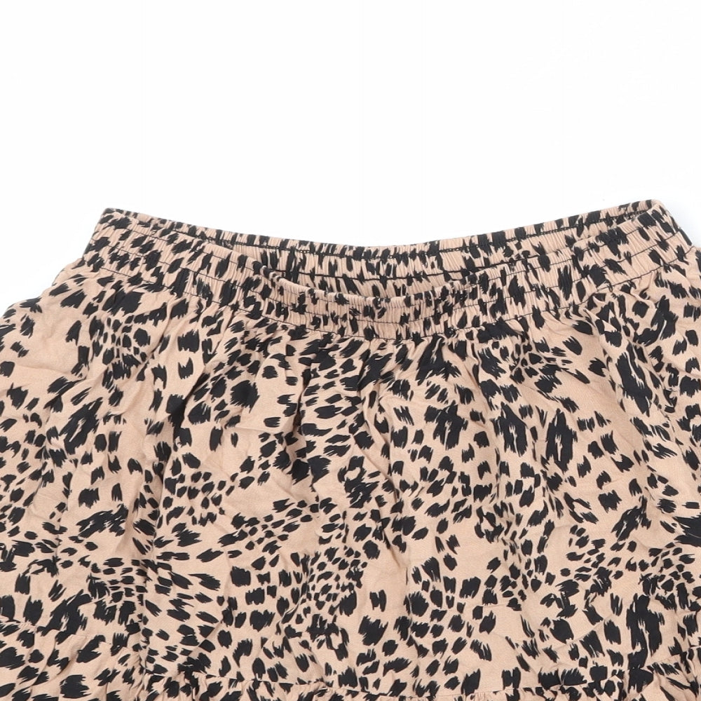 New Look Womens Beige Animal Print Viscose Skater Skirt Size 10 - Leopard Pattern