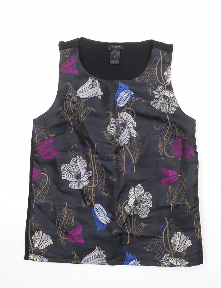 Ann Taylor Womens Black Floral Polyester Basic Tank Size S Round Neck