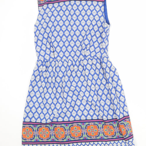 Esley Womens Blue Geometric Polyester A-Line Size M Round Neck Zip