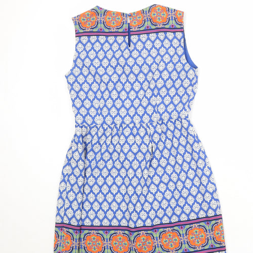 Esley Womens Blue Geometric Polyester A-Line Size M Round Neck Zip