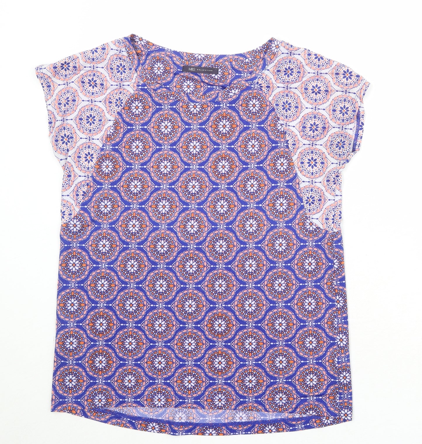 Marks and Spencer Womens Blue Geometric Polyester Basic T-Shirt Size 10 Round Neck