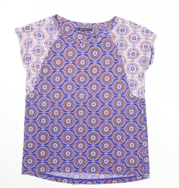 Marks and Spencer Womens Blue Geometric Polyester Basic T-Shirt Size 10 Round Neck