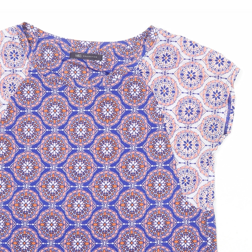 Marks and Spencer Womens Blue Geometric Polyester Basic T-Shirt Size 10 Round Neck