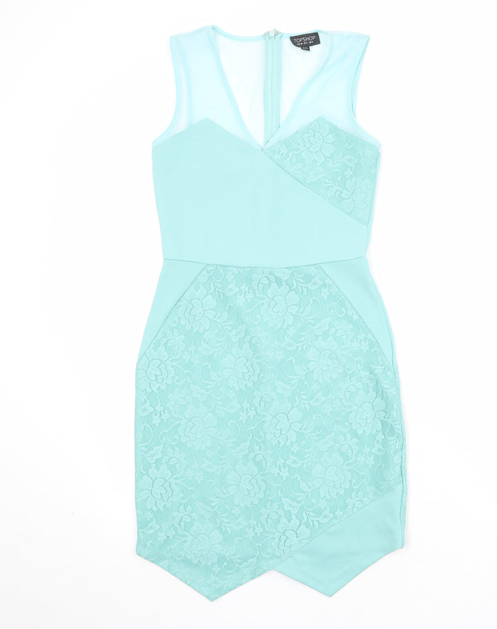 Topshop Womens Green Floral Nylon A-Line Size 8 V-Neck Zip