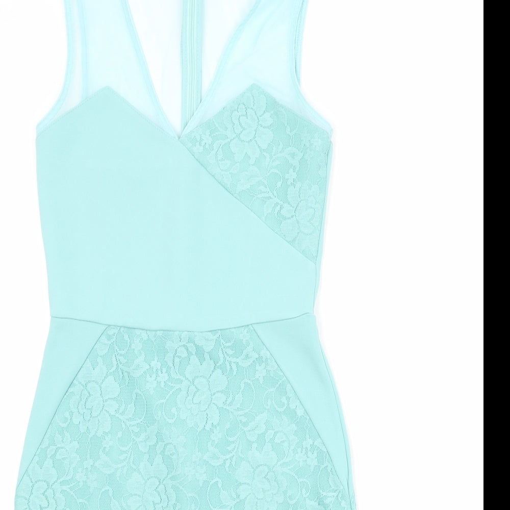 Topshop Womens Green Floral Nylon A-Line Size 8 V-Neck Zip