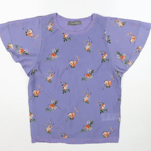Oasis Womens Purple Floral Viscose Basic Blouse Size XS Boat Neck - Angel Sleeve