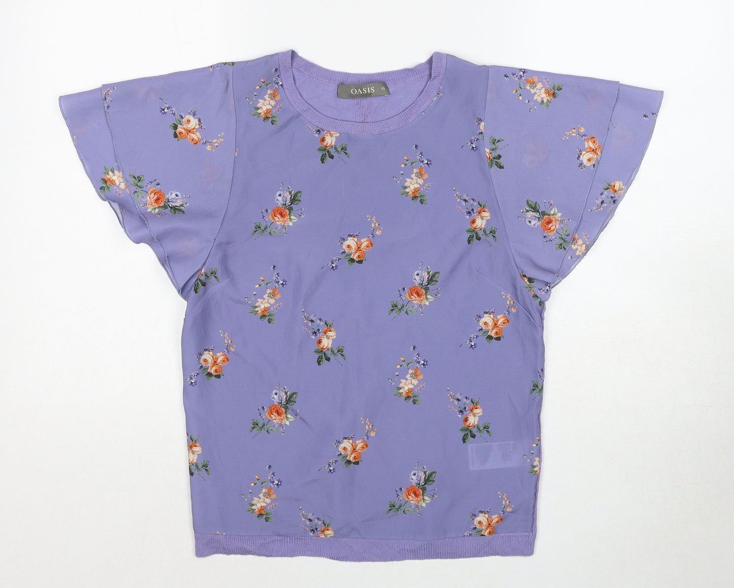 Oasis Womens Purple Floral Viscose Basic Blouse Size XS Boat Neck - Angel Sleeve