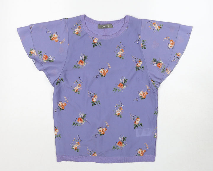 Oasis Womens Purple Floral Viscose Basic Blouse Size XS Boat Neck - Angel Sleeve