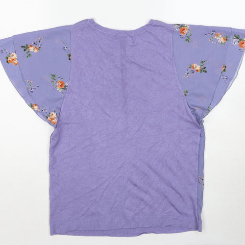 Oasis Womens Purple Floral Viscose Basic Blouse Size XS Boat Neck - Angel Sleeve