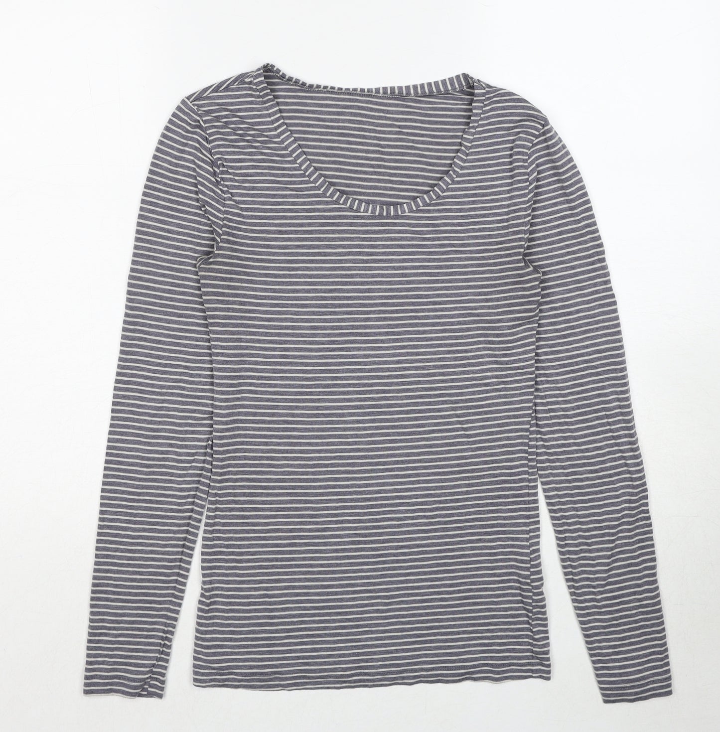 Marks and Spencer Womens Grey Striped Acrylic Basic T-Shirt Size 12 Scoop Neck