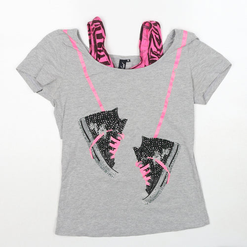 Coolcat Womens Grey Cotton Basic T-Shirt Size M Boat Neck - Shoe Motif