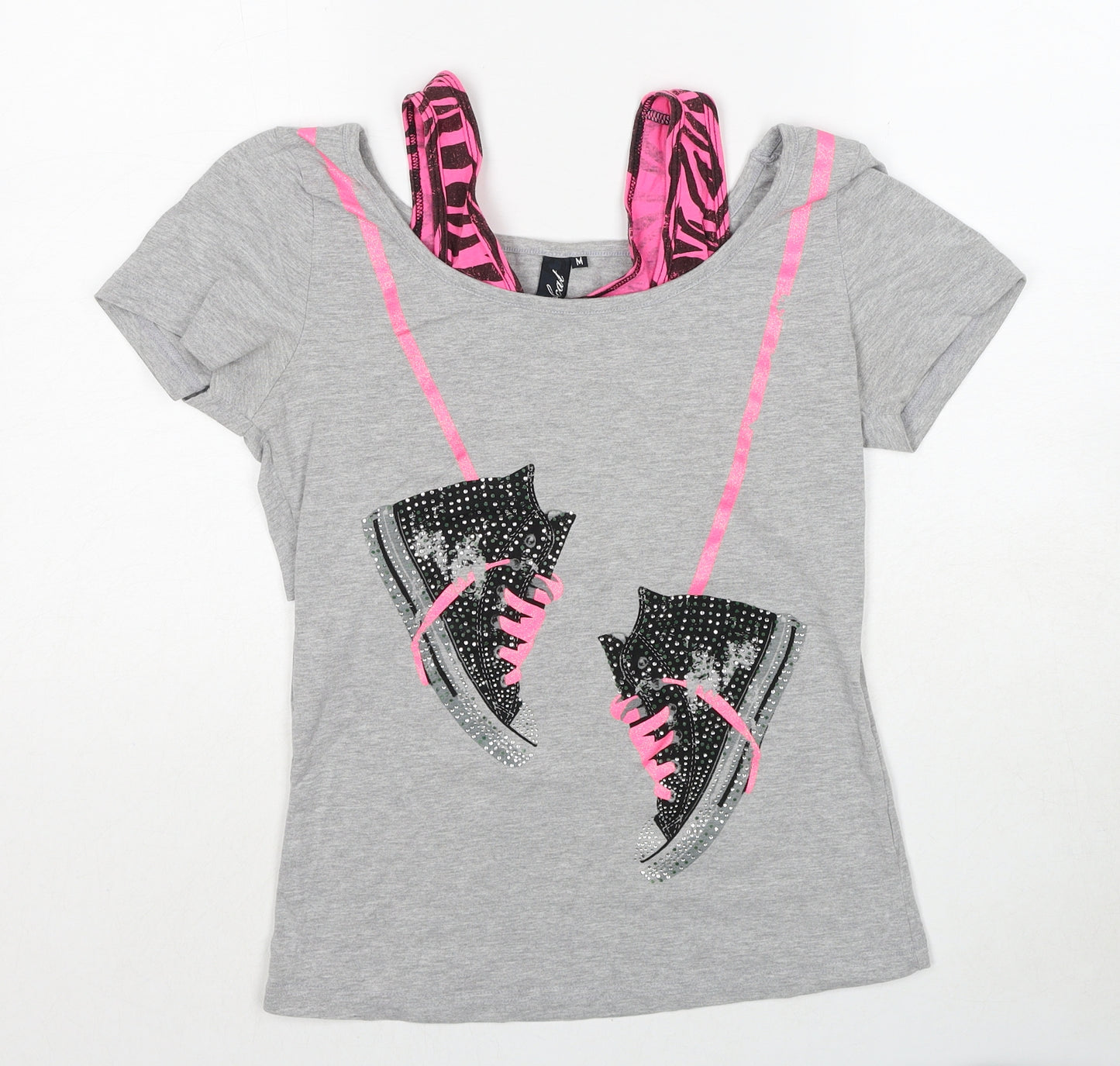 Coolcat Womens Grey Cotton Basic T-Shirt Size M Boat Neck - Shoe Motif