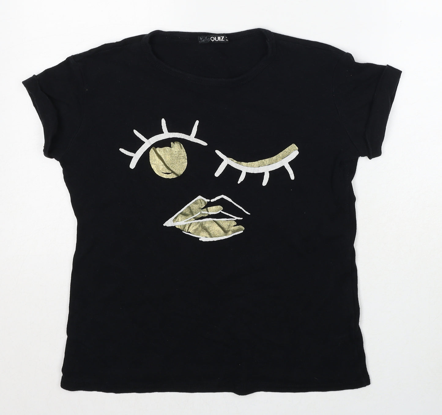 Quiz Womens Black Cotton Basic T-Shirt Size 8 Round Neck - Wink