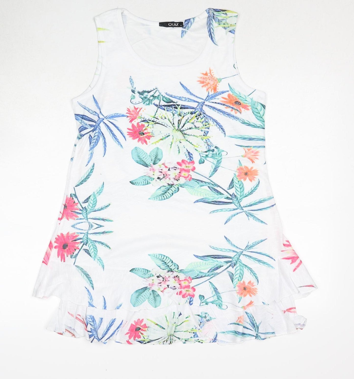 Quiz Womens White Floral Polyester Skater Dress Size M Round Neck Pullover