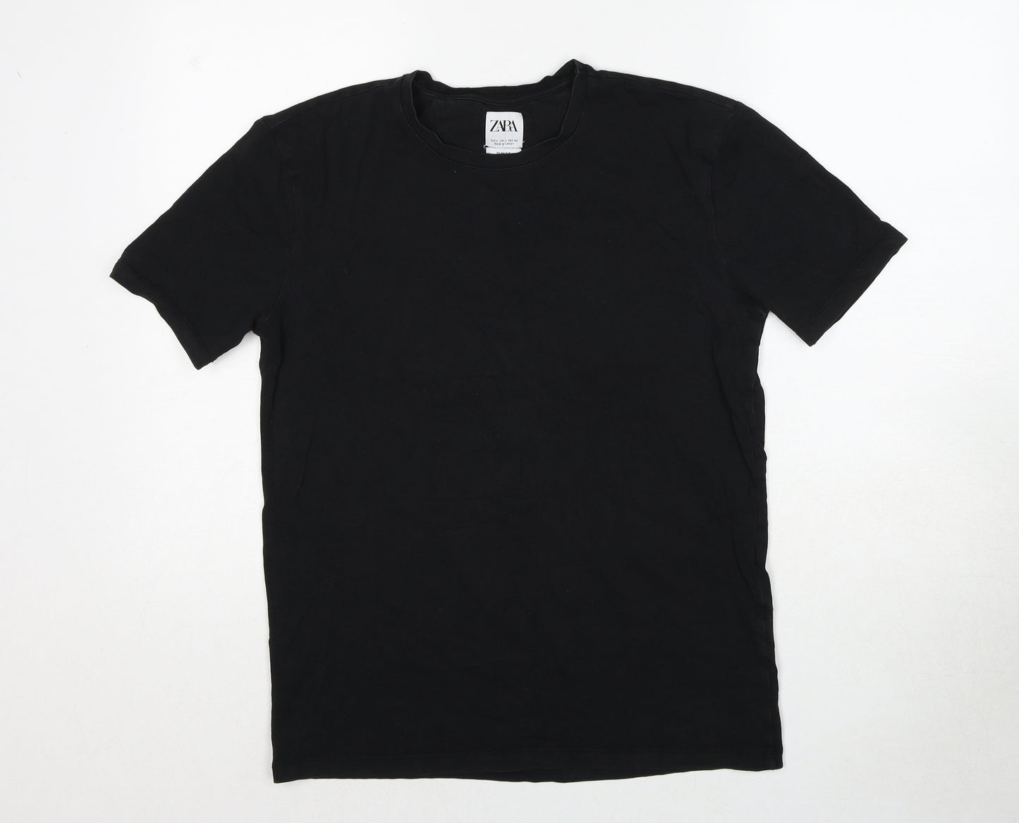 Zara Mens Black Cotton T-Shirt Size L Round Neck