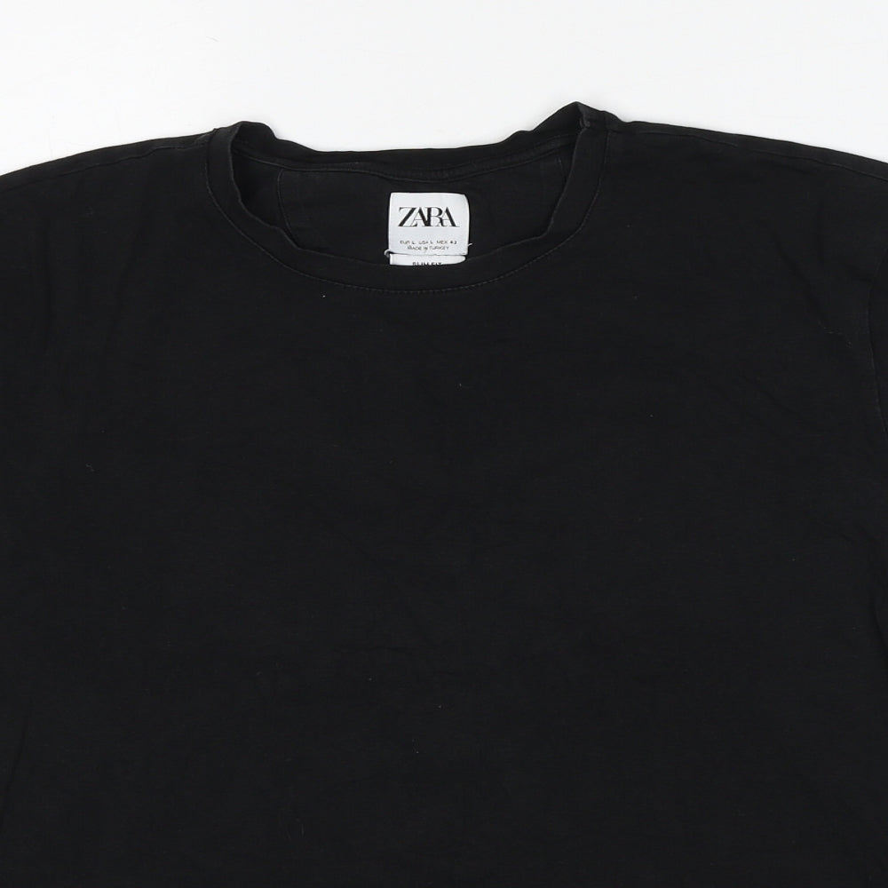 Zara Mens Black Cotton T-Shirt Size L Round Neck