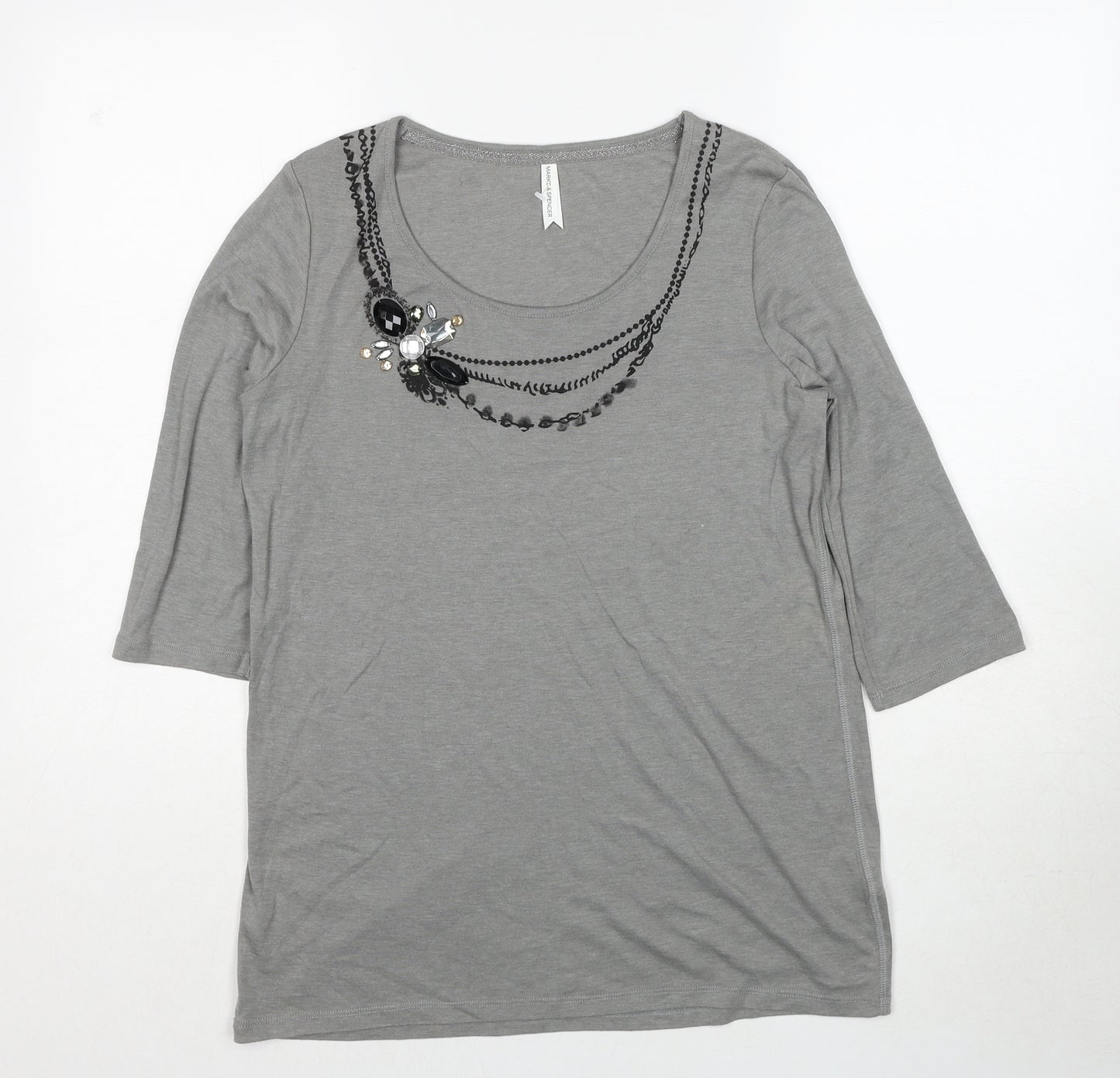 Marks and Spencer Womens Grey Cotton Basic T-Shirt Size 14 Round Neck