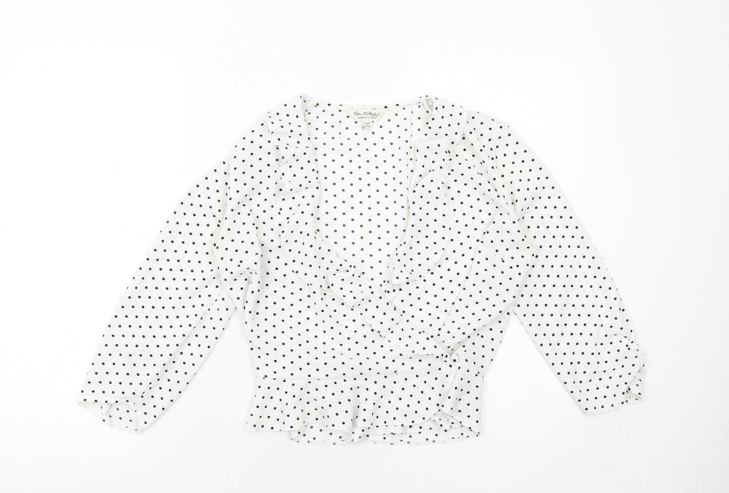 Miss Selfridge Womens White Polka Dot Polyester Basic Blouse Size 12 V-Neck - Wrap Style