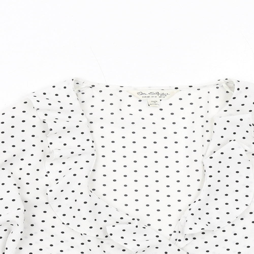 Miss Selfridge Womens White Polka Dot Polyester Basic Blouse Size 12 V-Neck - Wrap Style