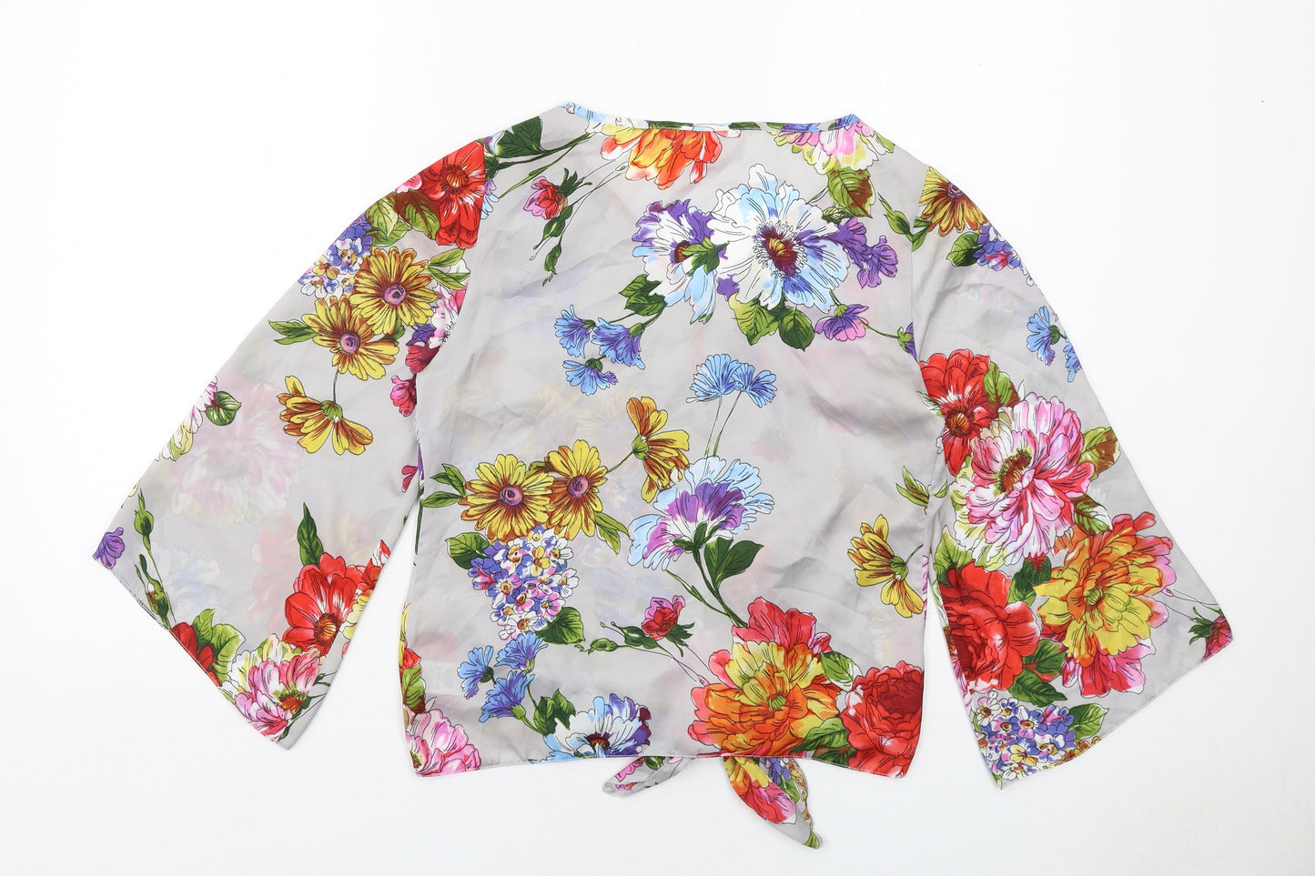 Wallis Womens Grey Floral Polyester Basic Blouse Size 8 V-Neck - Knot Front