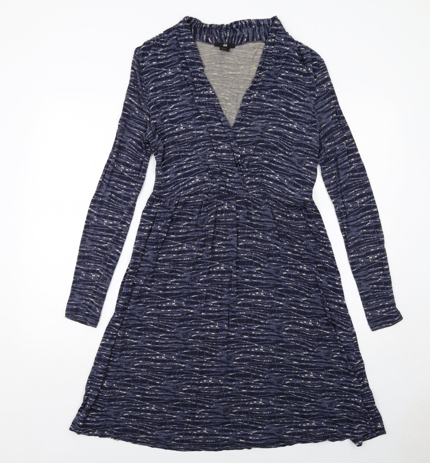 H&M Womens Blue Geometric Viscose Trapeze & Swing Size M V-Neck Pullover