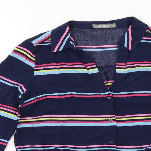 Oasis Womens Blue Striped Viscose Basic Button-Up Size 8 Collared - Knot Front