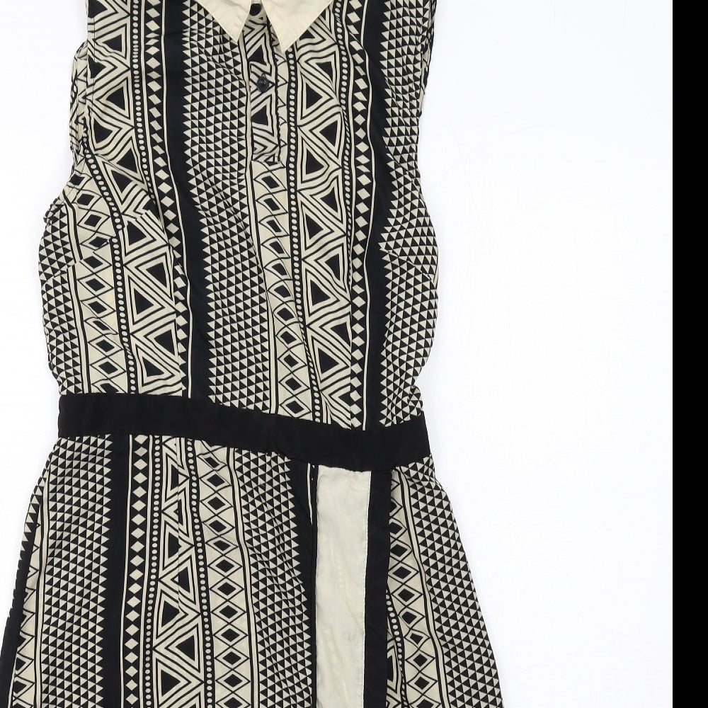 AX Paris Womens Black Geometric Polyester A-Line Size 14 Collared Button