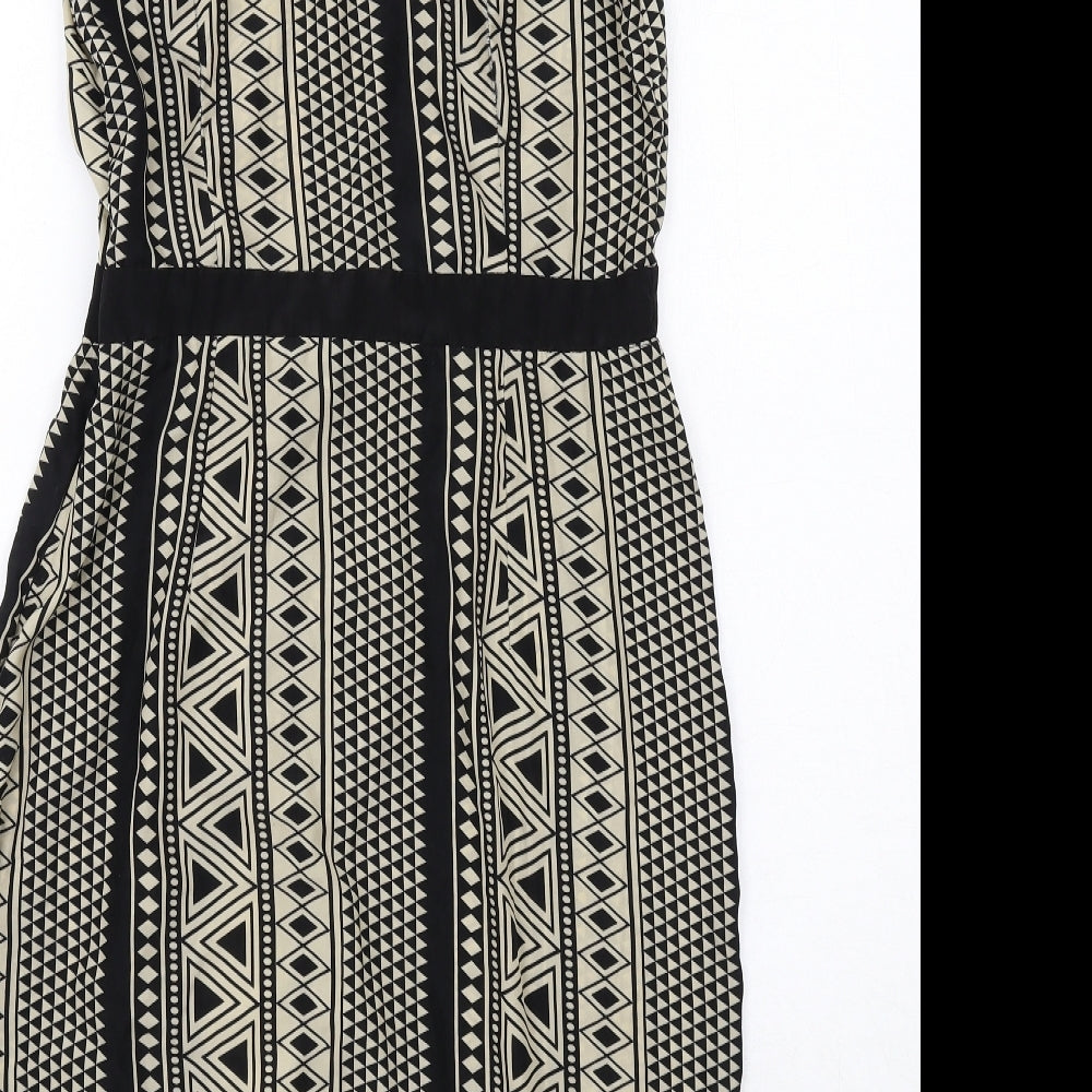 AX Paris Womens Black Geometric Polyester A-Line Size 14 Collared Button