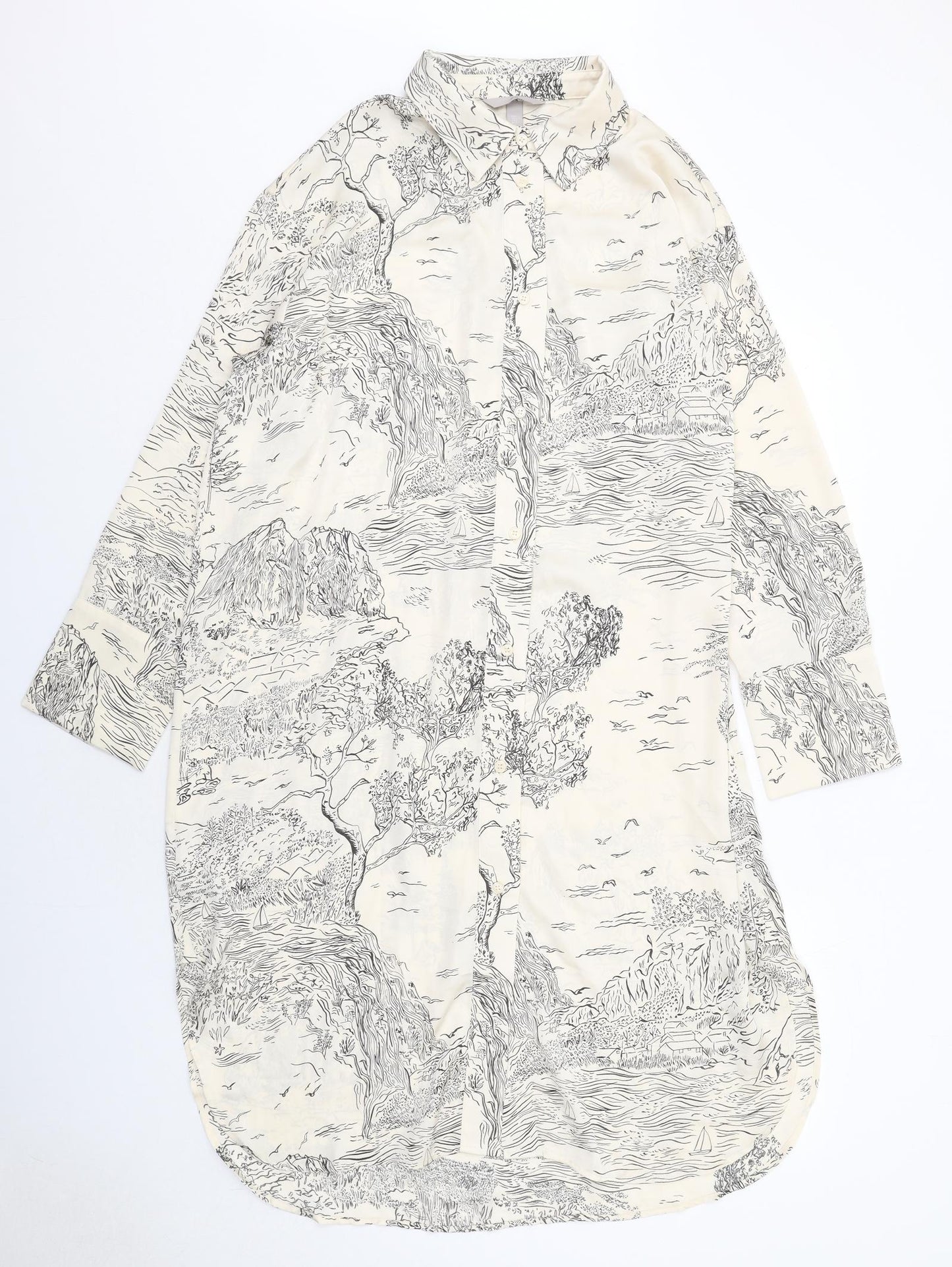 H&M Womens Ivory Geometric Polyester Shirt Dress Size L Collared Button