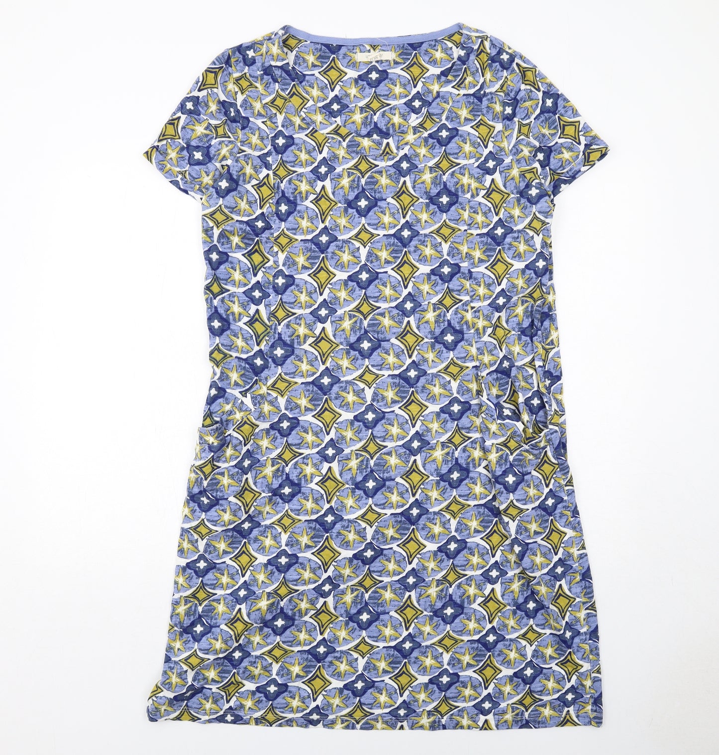 White Stuff Womens Blue Geometric Cotton T-Shirt Dress Size 18 Round Neck Pullover