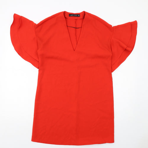 Zara Womens Orange Polyester A-Line Size S V-Neck Pullover
