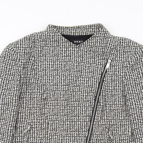 DKNY Womens White Geometric Biker Jacket Size 16 Zip