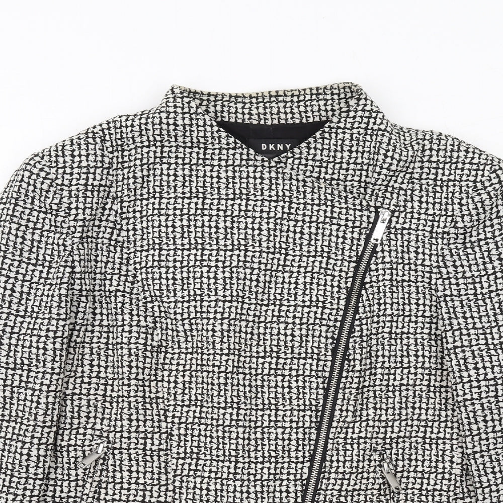 DKNY Womens White Geometric Biker Jacket Size 16 Zip