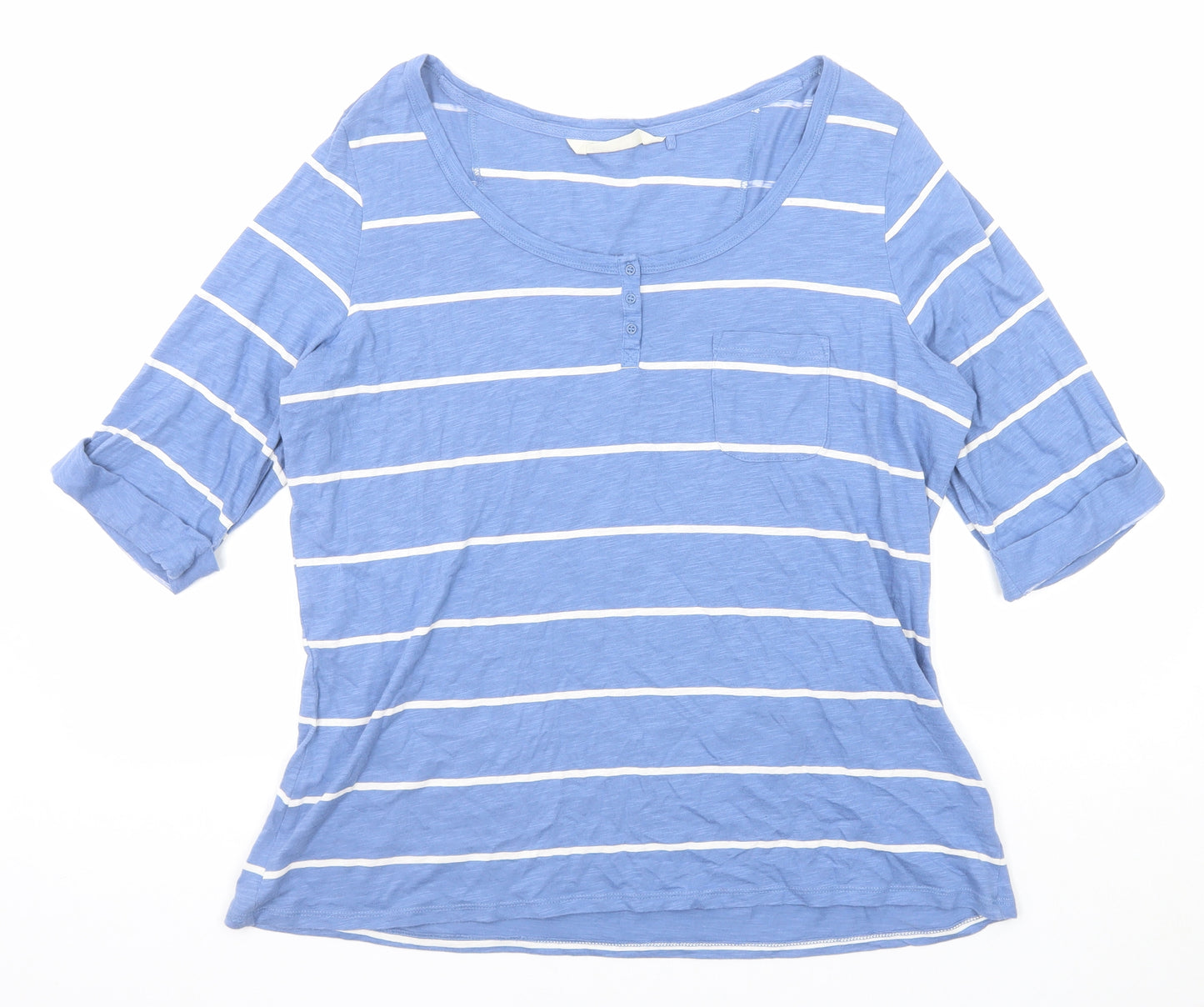 Fat Face Womens Blue Striped Cotton Basic T-Shirt Size 18 Scoop Neck