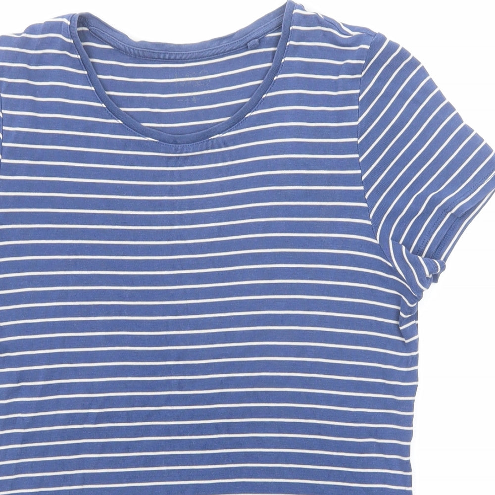 Marks and Spencer Womens Blue Striped Cotton Basic T-Shirt Size 14 Round Neck