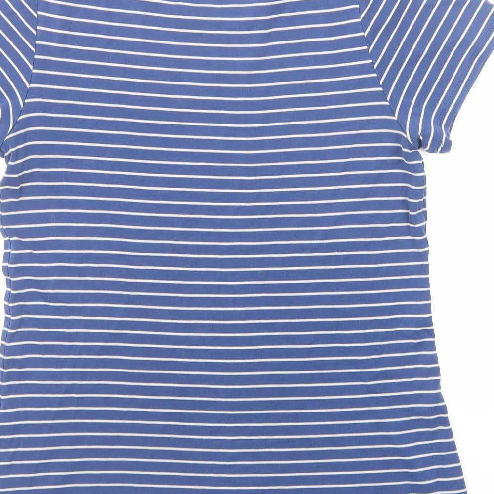 Marks and Spencer Womens Blue Striped Cotton Basic T-Shirt Size 14 Round Neck