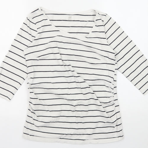 H&M Womens White Striped Cotton Basic T-Shirt Size L Scoop Neck