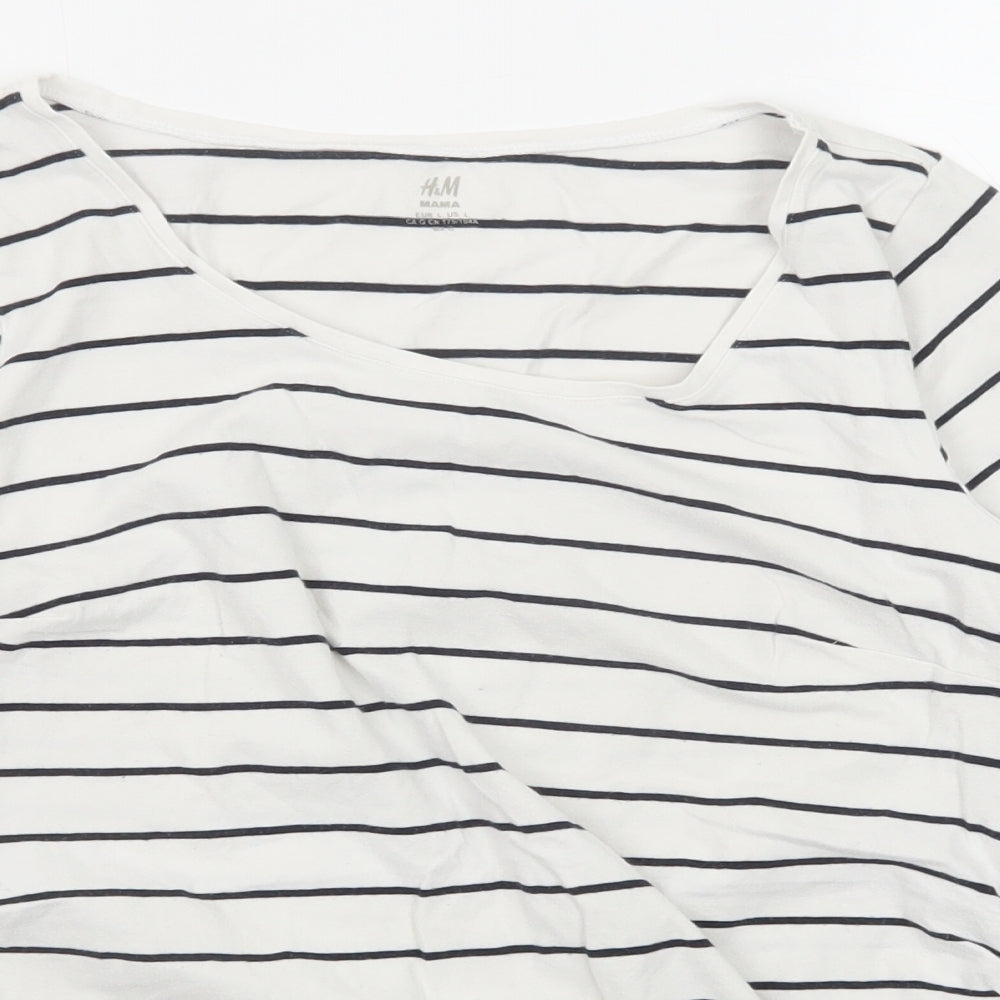 H&M Womens White Striped Cotton Basic T-Shirt Size L Scoop Neck