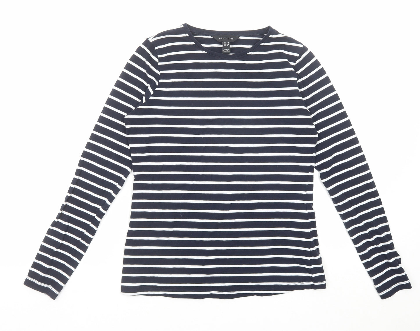 New Look Womens Blue Striped Cotton Basic T-Shirt Size 10 Round Neck