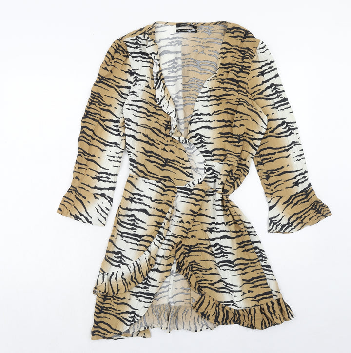 Urban Outfitters Womens Brown Animal Print Polyester Wrap Dress Size S V-Neck Tie - Tiger Print
