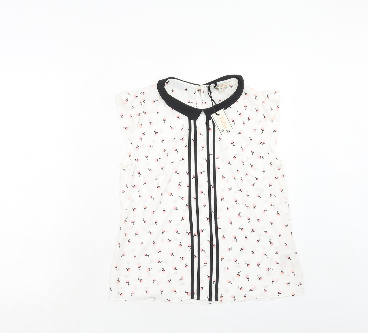 Billie & Blossom Womens White Floral Polyester Basic Blouse Size 12 Collared