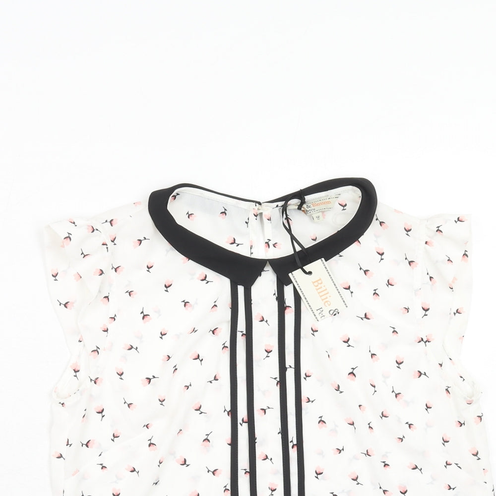 Billie & Blossom Womens White Floral Polyester Basic Blouse Size 12 Collared