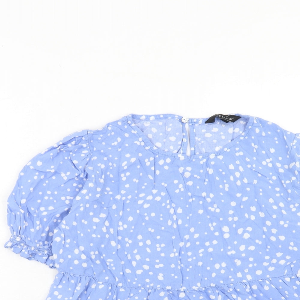 New Look Womens Blue Geometric Viscose Basic Blouse Size 14 Round Neck